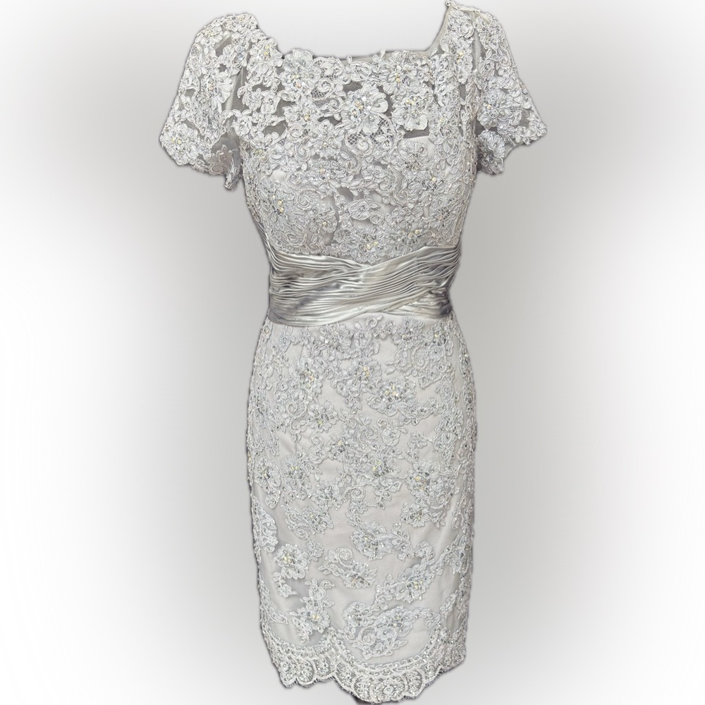 NEW SHERRI HILL 21204 Stunning Cocktail Dress Embroided Silver Size 10